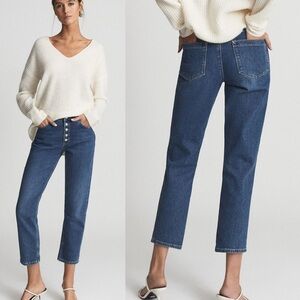 Reiss Women’s Jeans 27 Bailey Short Button Fly Mid Wash Stretch Casual Denim